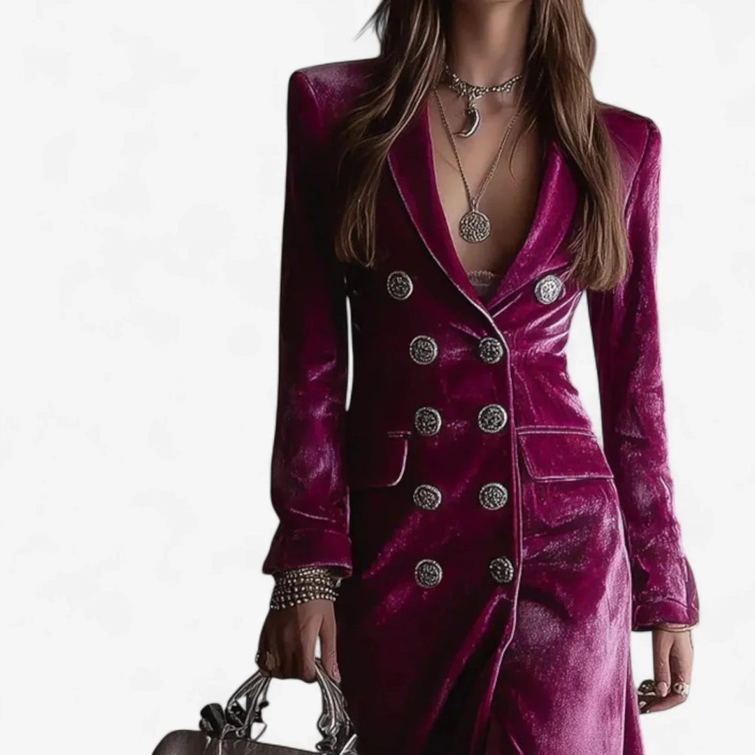 Elegant women's double-breasted midi dress. Magenta color, lapel collar, long sleeves & sophisticated side slit.