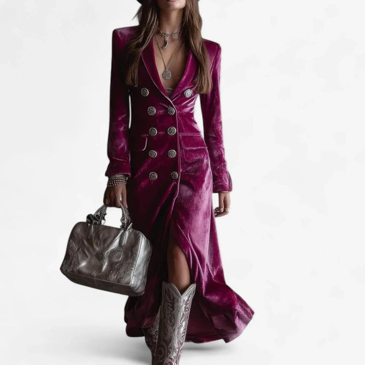 Women's elegant magenta double-breasted midi dress with lapel collar, long sleeves, and a stylish side slit.