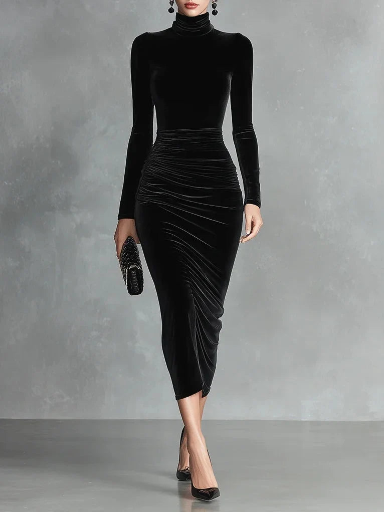 Elegant black high-neck bodycon midi dress for women, long-sleeve, slim fit, perfect for evening or party.