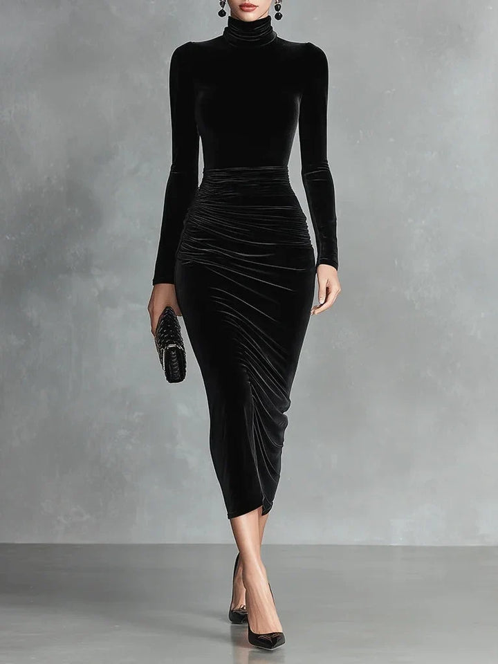 Elegant black high-neck bodycon midi dress for women, long-sleeve, slim fit, perfect for evening or party.