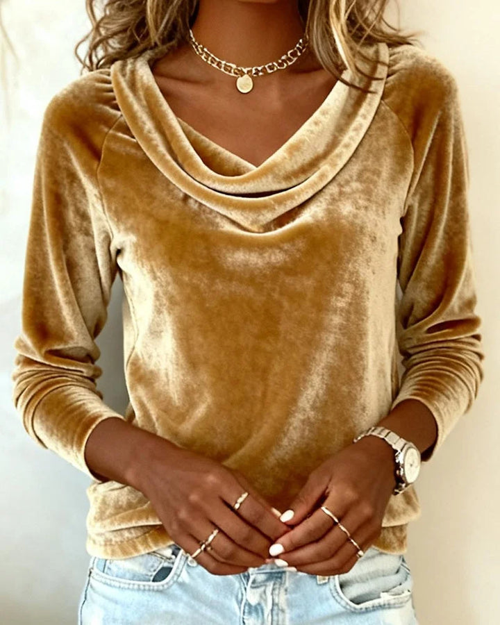 Versatile women's long sleeve top with a chic drape neck. Perfect for elegant evening wear or smart casual occasions.