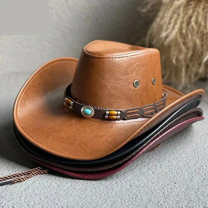 Vintage faux leather women's cowboy hat with decorative turquoise band, perfect for western fashion & festivals.