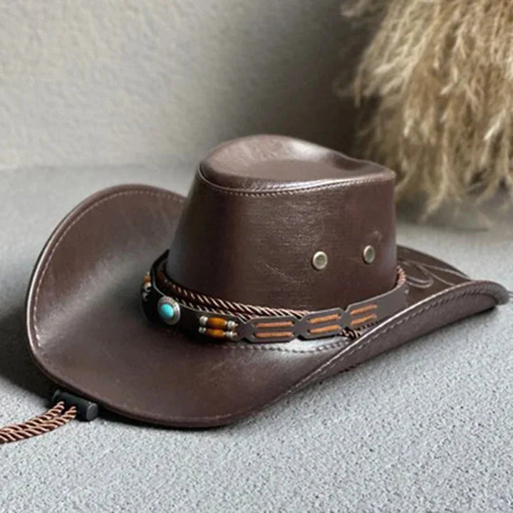 Stylish women's faux leather western hat with turquoise band, vintage design, ideal for outdoor adventures & festivals.