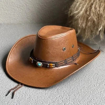 Classic vintage faux leather women's cowboy hat adorned with a striking turquoise band. Great for western style.