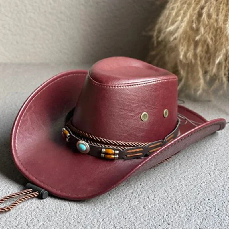 Women's faux leather cowboy hat, vintage style, featuring a unique turquoise band. A chic accessory for any outfit.