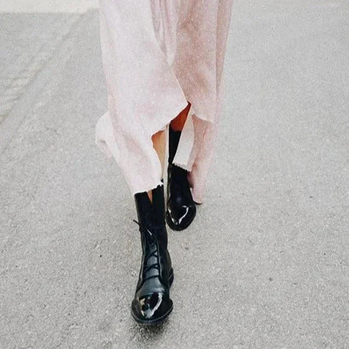Classic women's mid-calf boots, vintage lace-up style with elegant cap-toe. Perfect for fall outfits.