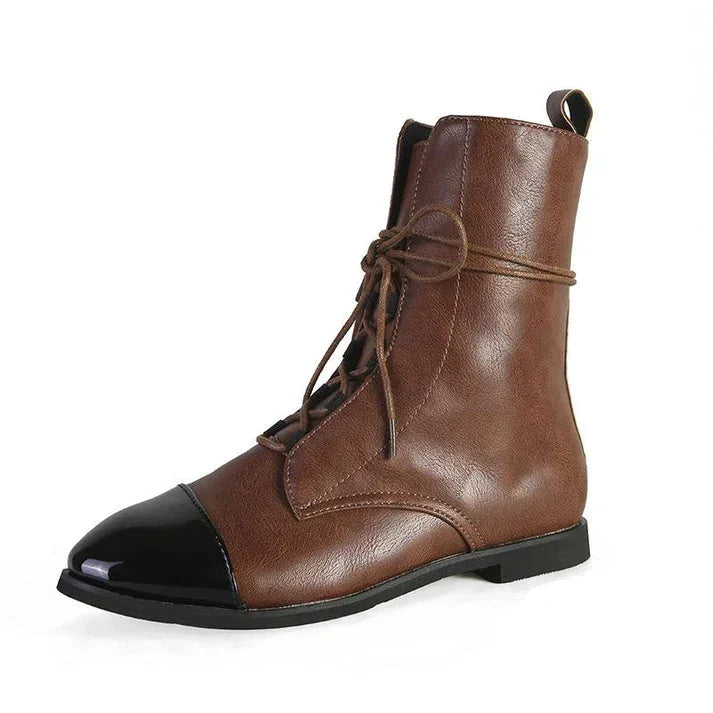 Comfortable women's fashion boots: vintage lace-up mid-calf design with a chic cap-toe. Versatile style.