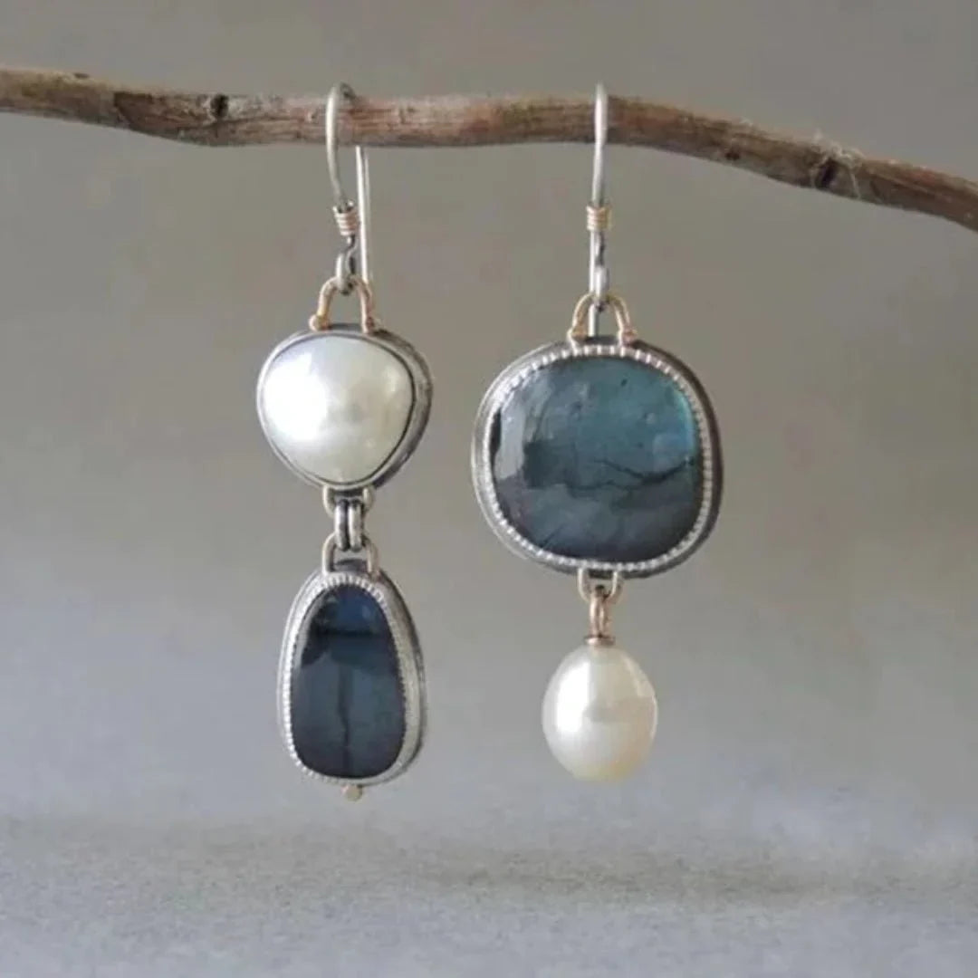 Women's vintage mismatched blue gem & pearl drop earrings. Unique hook style, perfect statement jewelry.