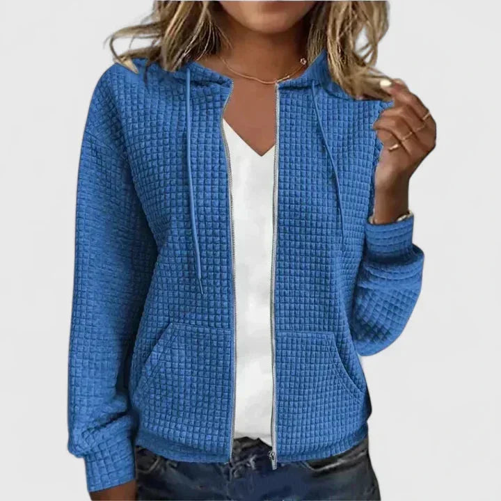 Women's waffle-knit hooded cardigan, full-zip sweater with pockets for cozy fall & winter style.
