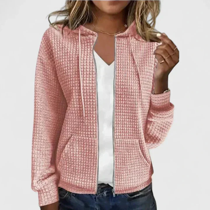 Elegant women's hooded cardigan, waffle-knit, full-zip with pockets. Ideal for casual & layered outfits.