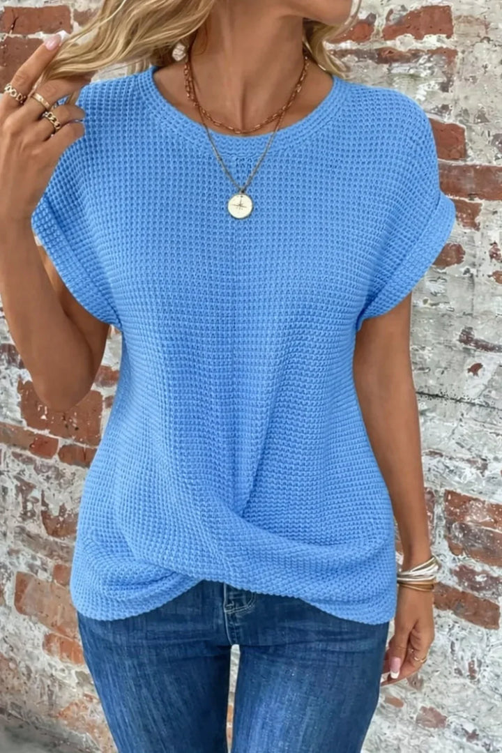Everyday women's waffle knit short sleeve top. Crew neck & front twist design for a stylish, comfortable look.