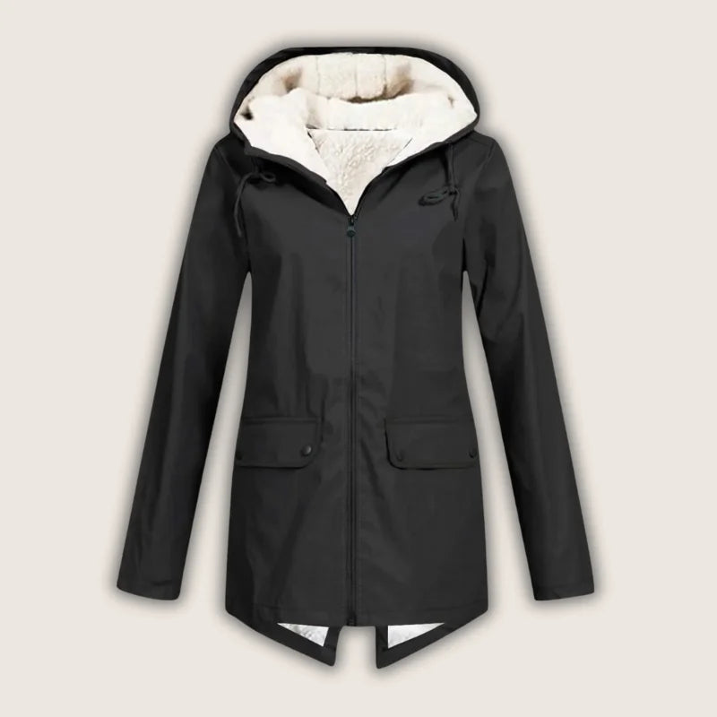 Everyday women's hooded jacket. Practical waterproof outerwear with front pockets, perfect for versatile rain protection.