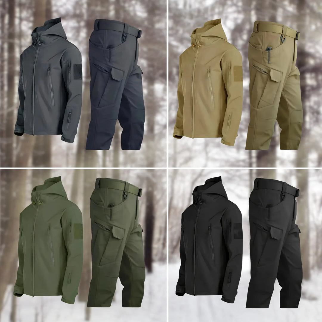 Women's outdoor adventure waterproof hooded tactical jacket & cargo pants for active exploration.