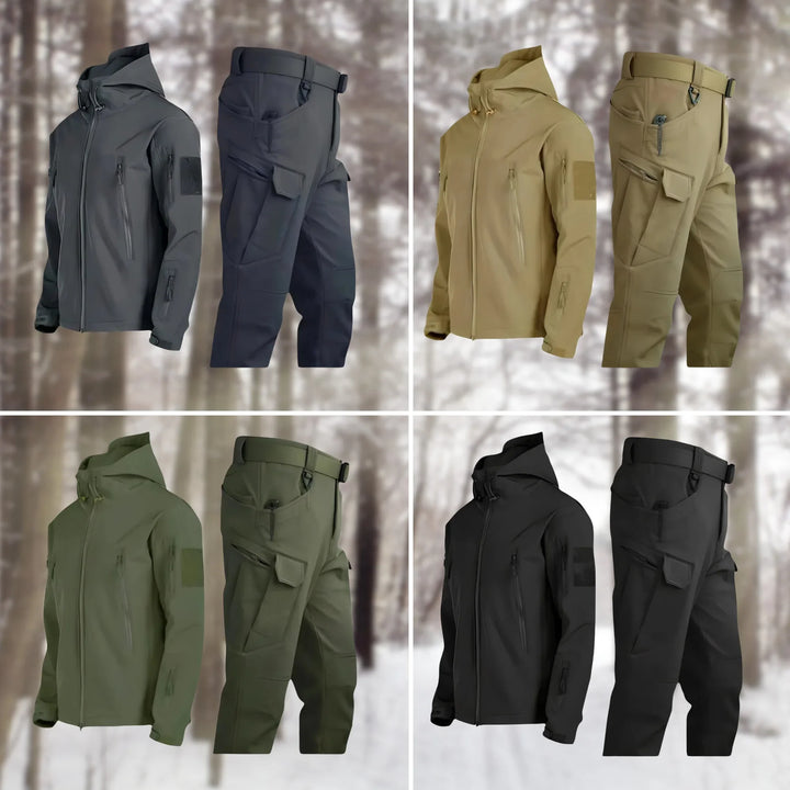 Women's outdoor adventure waterproof hooded tactical jacket & cargo pants for active exploration.