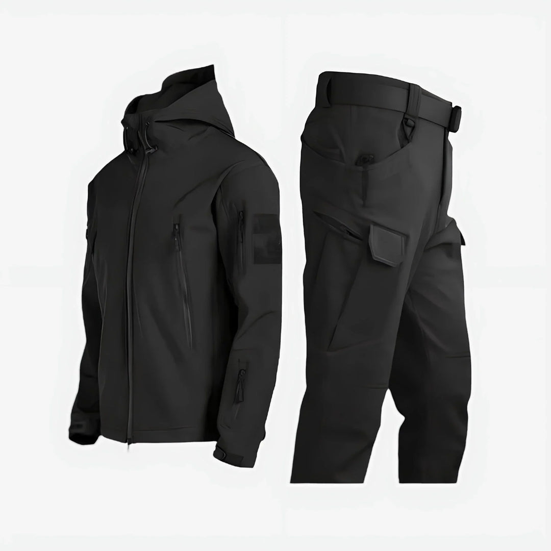 Women's waterproof hooded tactical jacket and cargo pants set for outdoor adventures.