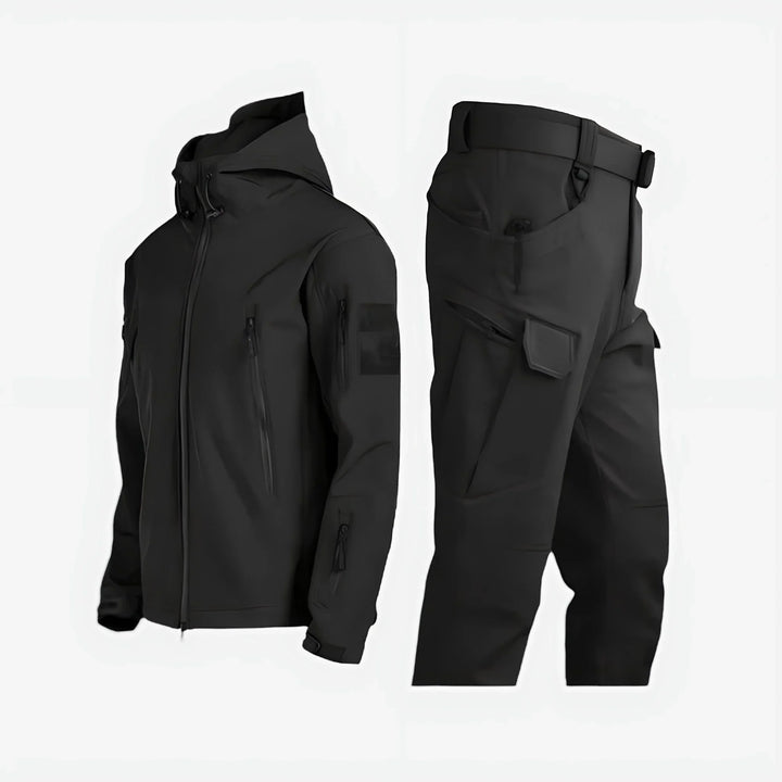 Women's waterproof hooded tactical jacket and cargo pants set for outdoor adventures.