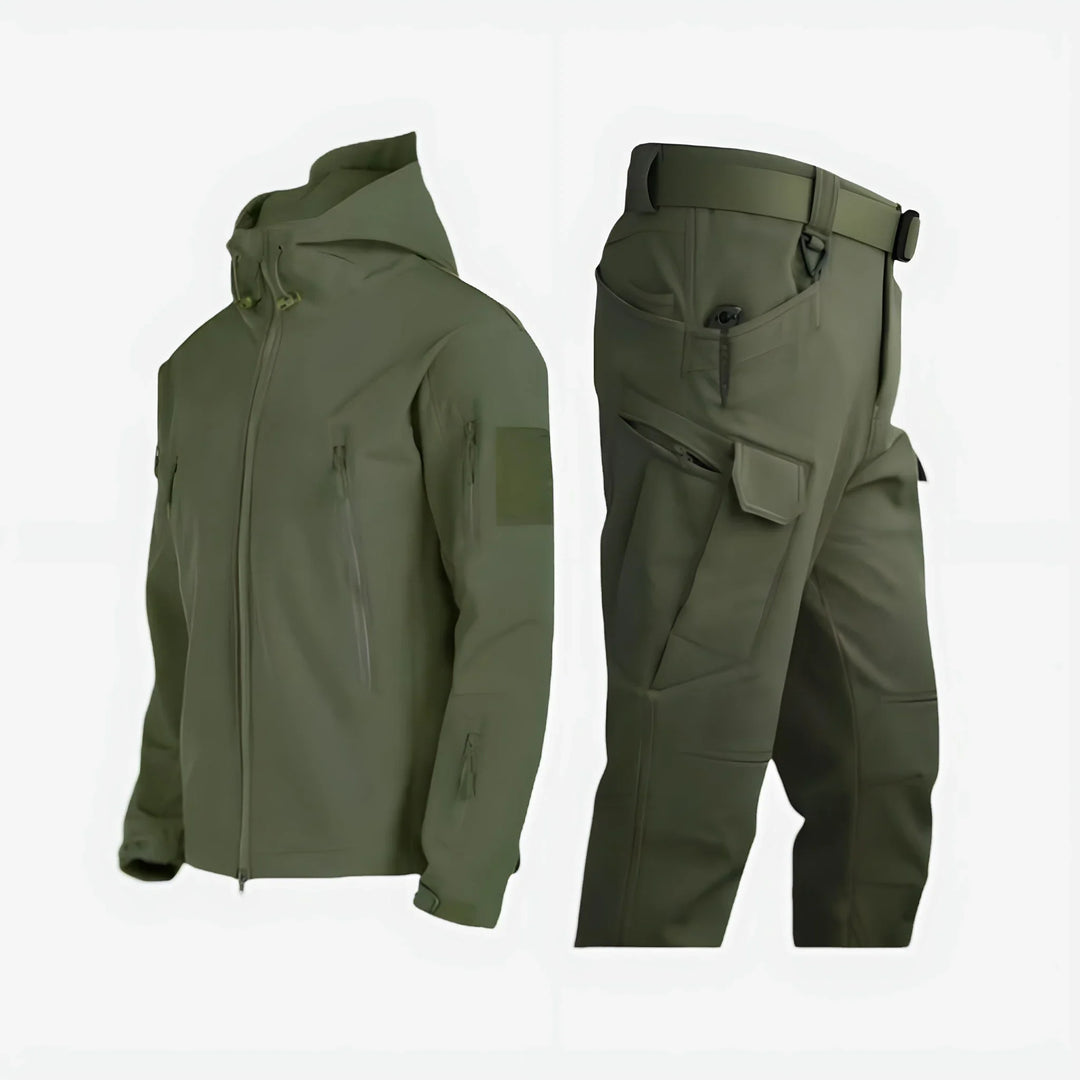 Women's weather-protected waterproof tactical jacket & cargo pants, ideal for winter outdoor activewear.