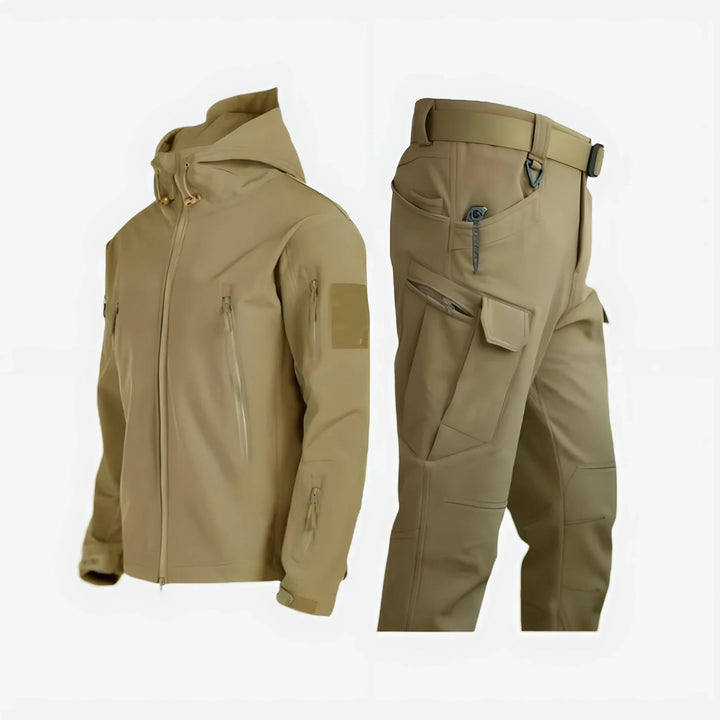 Women's hiking & adventure waterproof tactical set: hooded jacket & durable cargo pants.