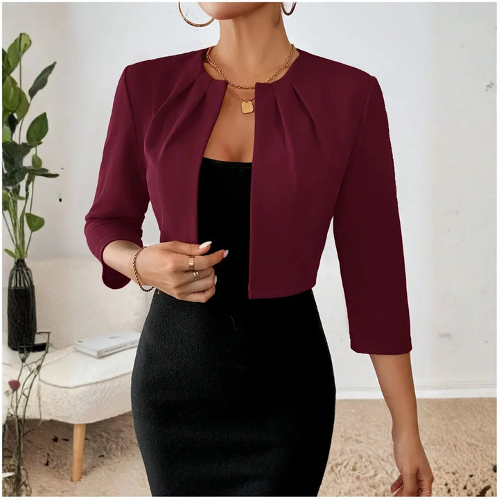 Casual chic women's cropped jacket with an open front and pleats, versatile design.