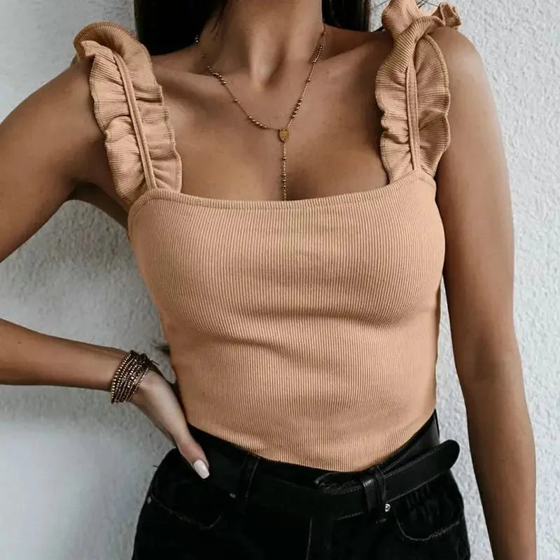 Versatile ribbed knit women's top with a flattering square neck and elegant ruffle shoulder design.