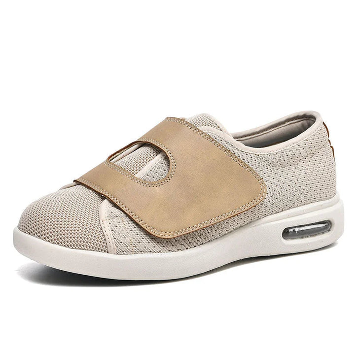 Stylish women's knit walking sneakers, wide fit with adjustable strap & air cushion support.