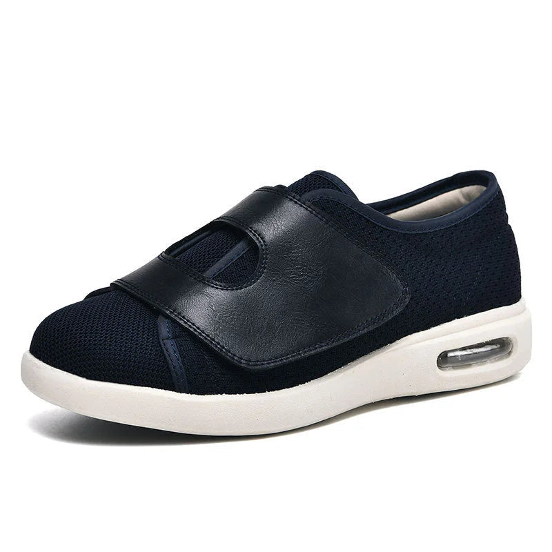 Comfortable wide fit women's walking sneakers, adjustable strap, air cushion sole for active wear.