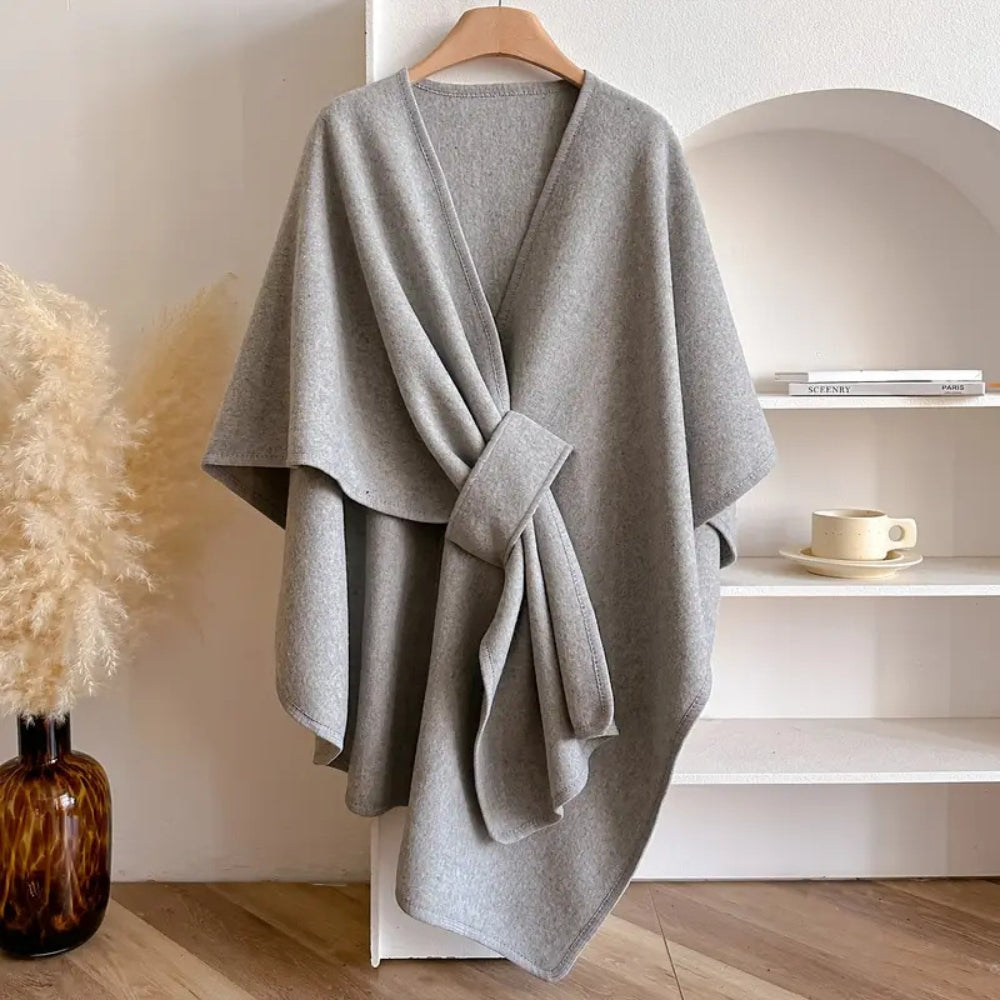 "Women's windproof poncho shawl coat with flowing silhouette in solid color, open front, perfect for fall and winter outfits.