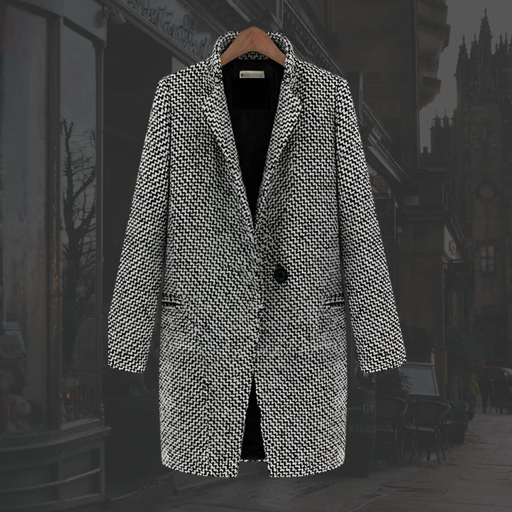Women's winter houndstooth single-button long trench coat. Elegant multicolor outerwear for chic style.