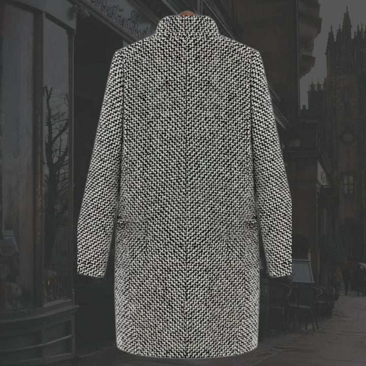 Chic women's plus size houndstooth trench coat with a single button. Stylish winter fashion outerwear.