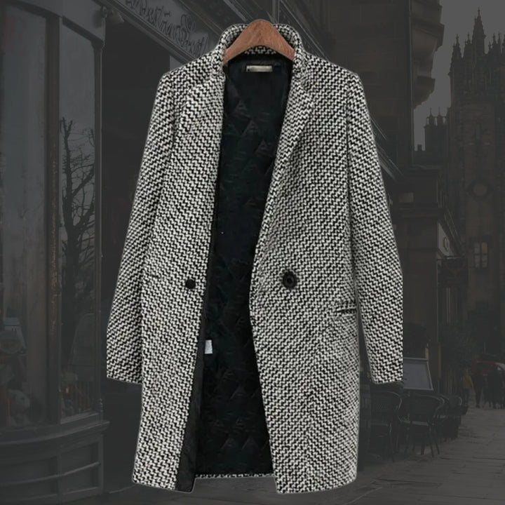 Classic multicolor houndstooth women's long winter trench coat. Single-button elegant outerwear for a sophisticated look.