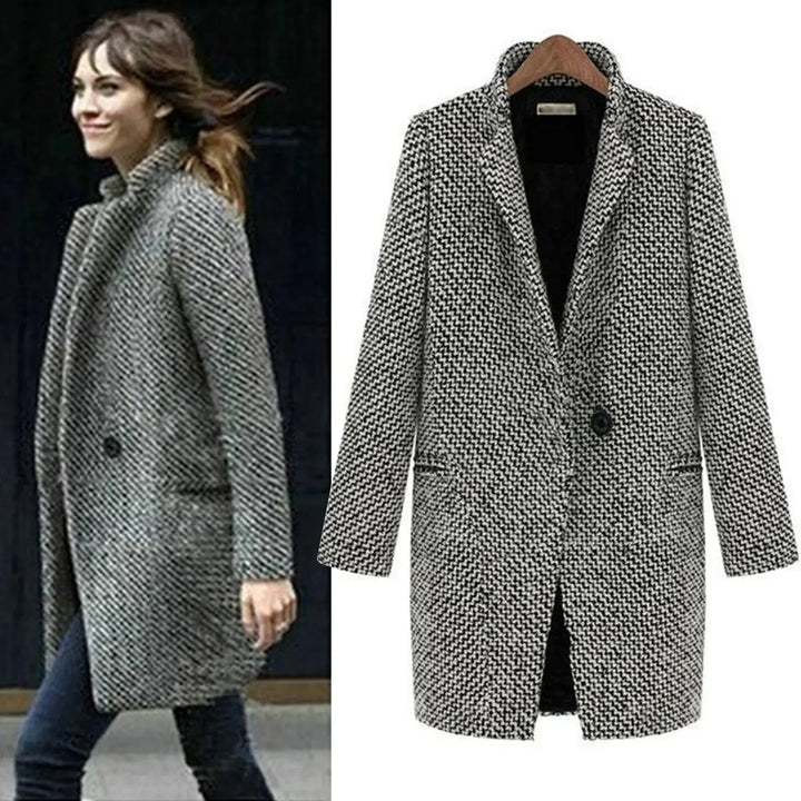 Elegant women's multicolor houndstooth long trench coat. Single-button winter outerwear, ideal for classic chic style.