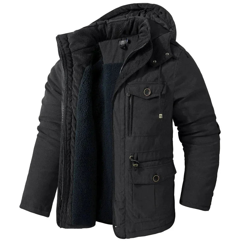 Practical women's warm winter utility field jacket, featuring a detachable hood & multi-pocket design for outdoor cold weather.
