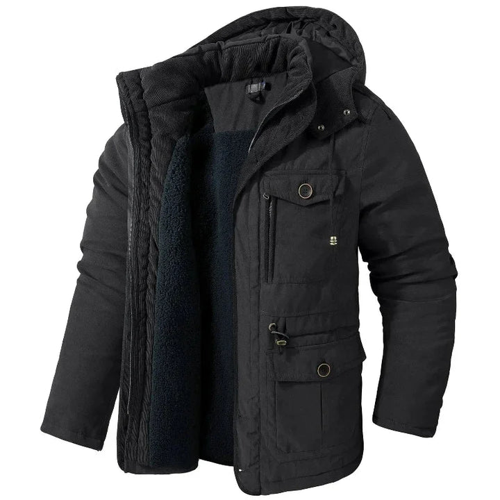 Practical women's warm winter utility field jacket, featuring a detachable hood & multi-pocket design for outdoor cold weather.