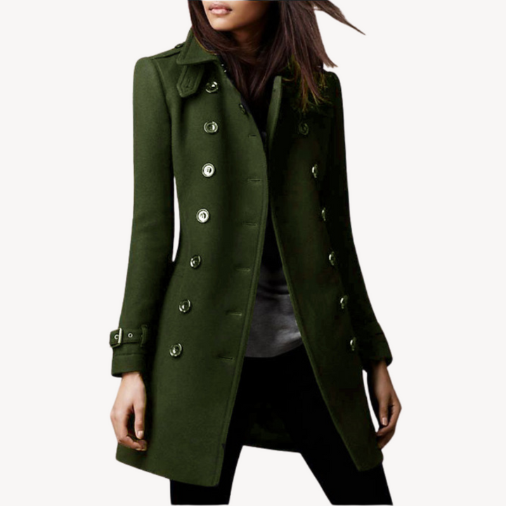 Women's wool peacoat, double-breasted, mid-length, classic black or dark red, elegant design for sophisticated warmth.