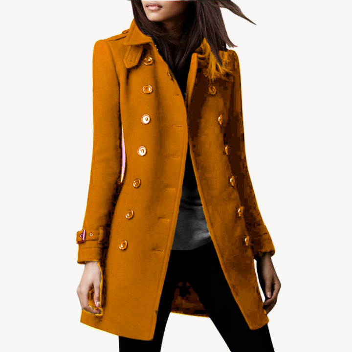 Women's wool peacoat, double-breasted, mid-length, classic black or dark red, elegant design for sophisticated warmth.