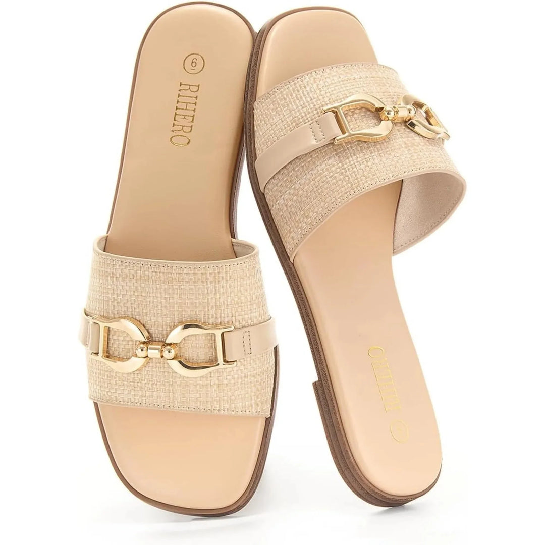 Elegant women's woven slide sandals in beige with a chic buckle. Comfortable flats for everyday summer.