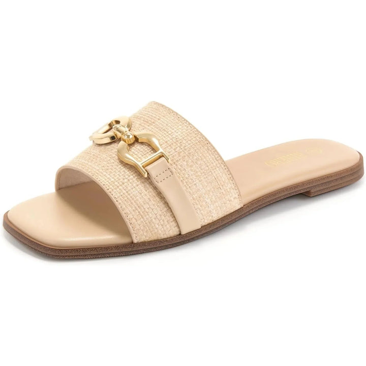 Women's beige woven slide sandals with elegant buckle accent. Comfortable & casual chic for summer.