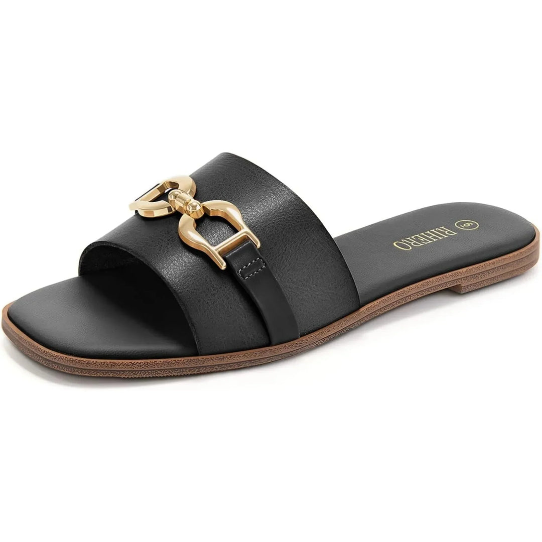 Comfortable beige woven slide sandals for women, ideal for elegant casual summer wear. Features a chic buckle.
