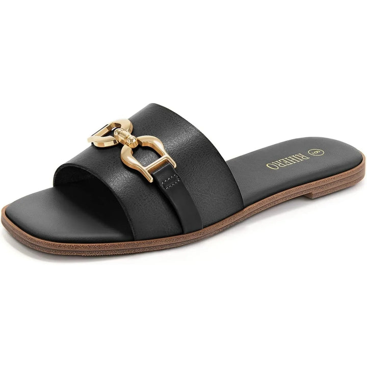 Comfortable beige woven slide sandals for women, ideal for elegant casual summer wear. Features a chic buckle.