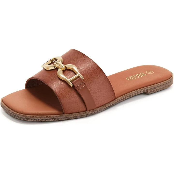 Beige woven women's slide sandals featuring an elegant buckle. Stylish, comfortable, and perfect for summer.