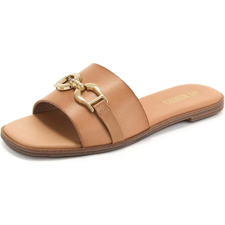 Women's beige woven slide sandals with adjustable buckle straps. Casual chic and comfortable summer footwear.