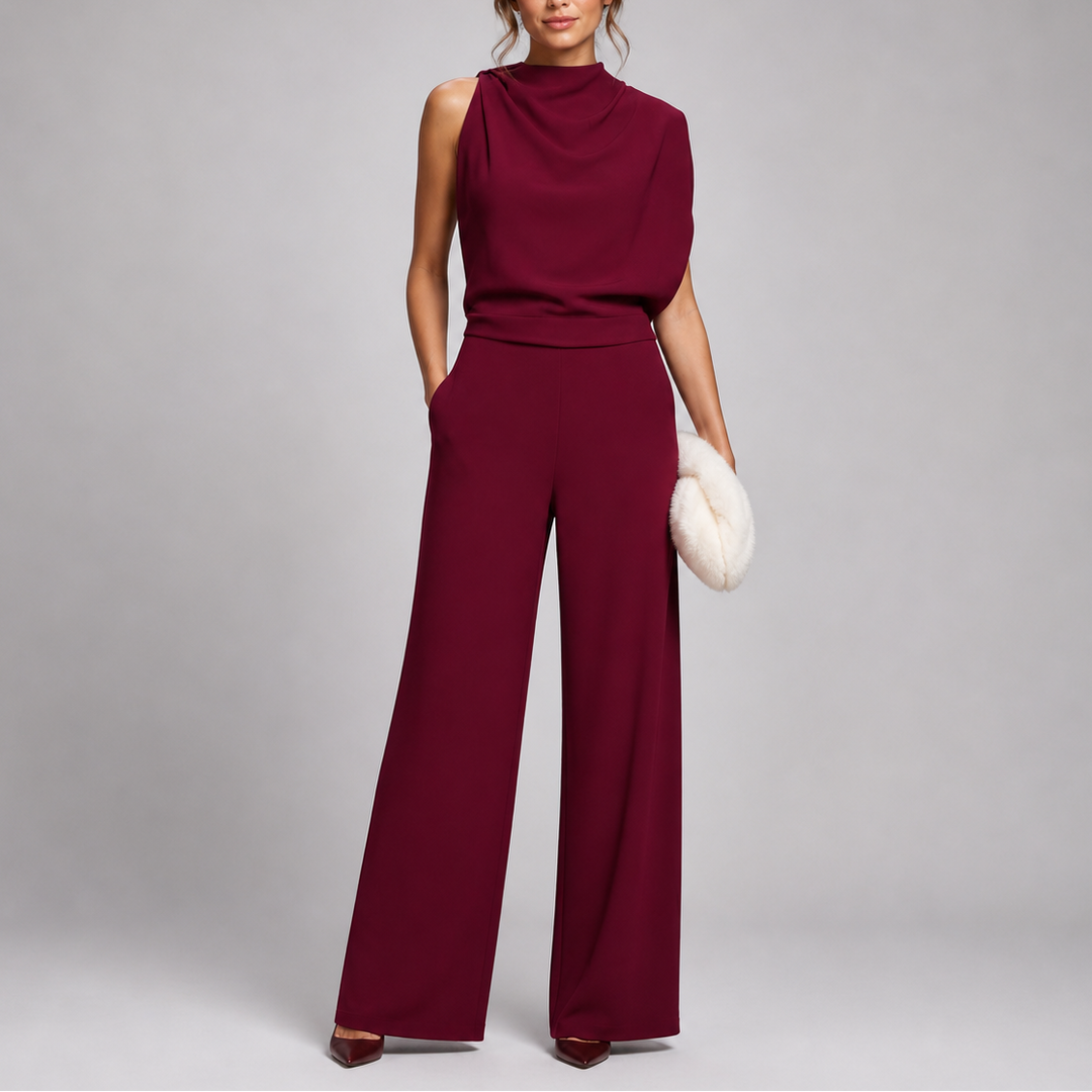 Sleek women's elegant sleeveless wide-leg jumpsuit for modern, effortless one-piece fashion. Chic summer outfit.