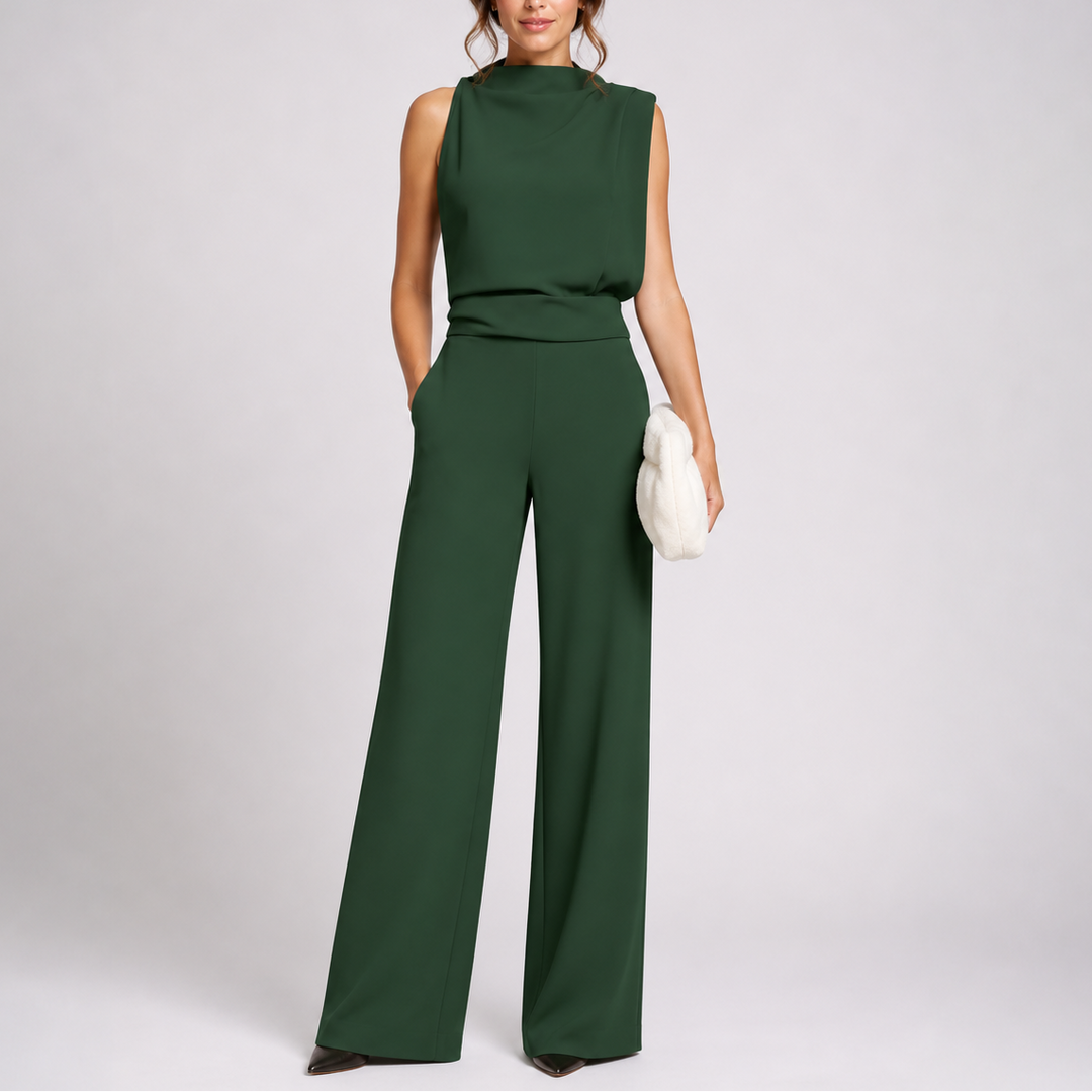 Elegant women's sleeveless wide-leg jumpsuit with high neck, perfect for chic summer fashion & effortless style.