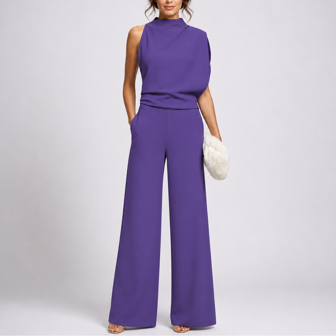 Modern women's sleeveless wide-leg jumpsuit, an elegant one-piece with high neck for versatile summer fashion.