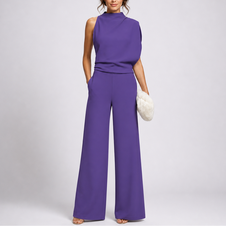 Modern women's sleeveless wide-leg jumpsuit, an elegant one-piece with high neck for versatile summer fashion.