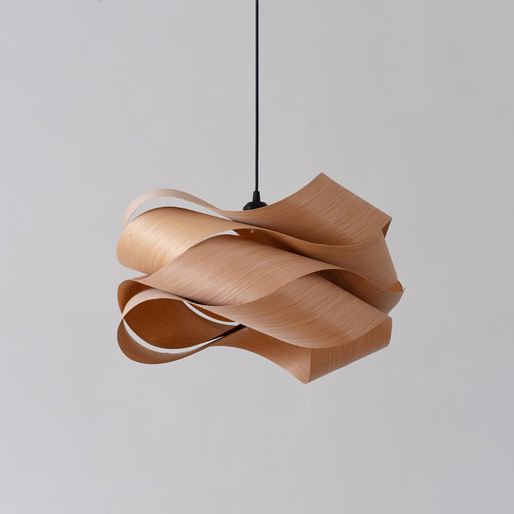 "Wood & Metal Link Pendant Light with natural wood grain and sleek metal finish, perfect for modern interiors and ambient glo