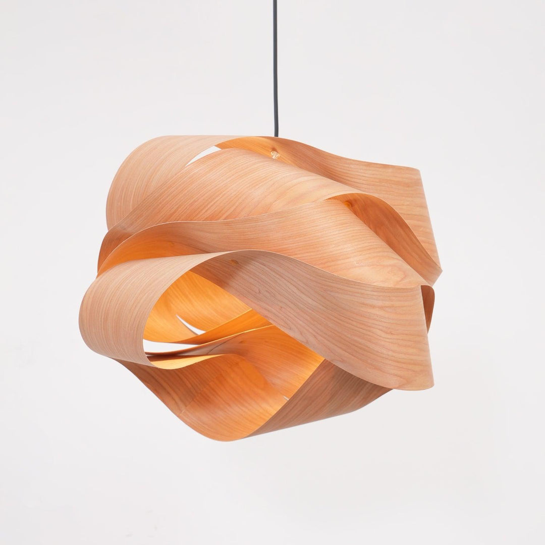 "Wood & Metal Link Pendant Light with natural wood grain and sleek metal finish, perfect for modern interiors and ambient glo