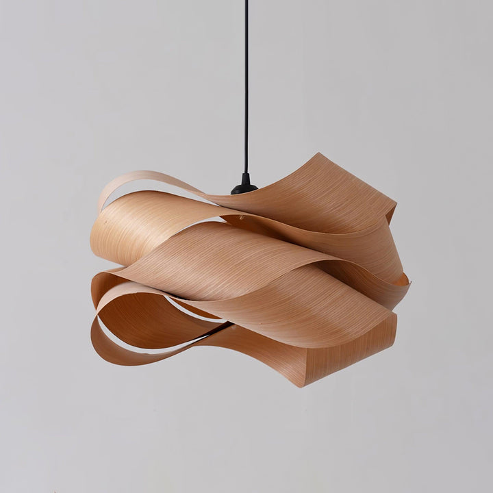 "Wood & Metal Link Pendant Light with natural wood grain and sleek metal finish, perfect for modern interiors and ambient glo