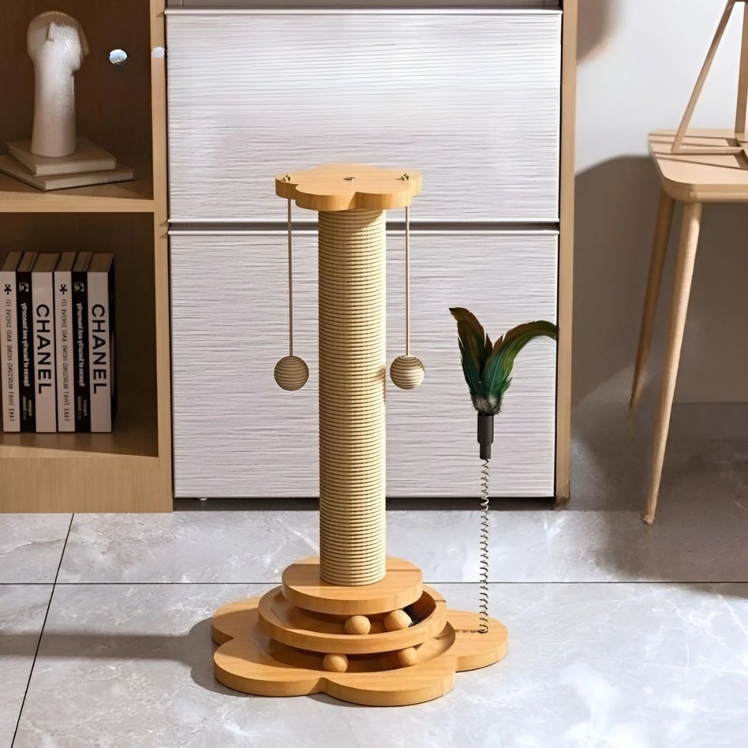 Wooden 5-in-1 interactive cat scratching post toy for feline enrichment & play. Durable pet supply.