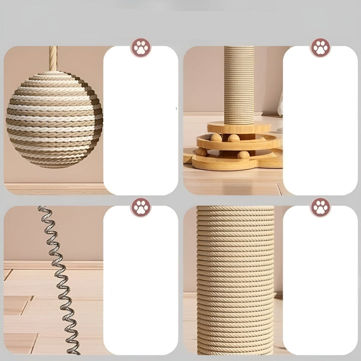 Eco-friendly wooden cat scratching post with interactive features, promoting healthy feline play.